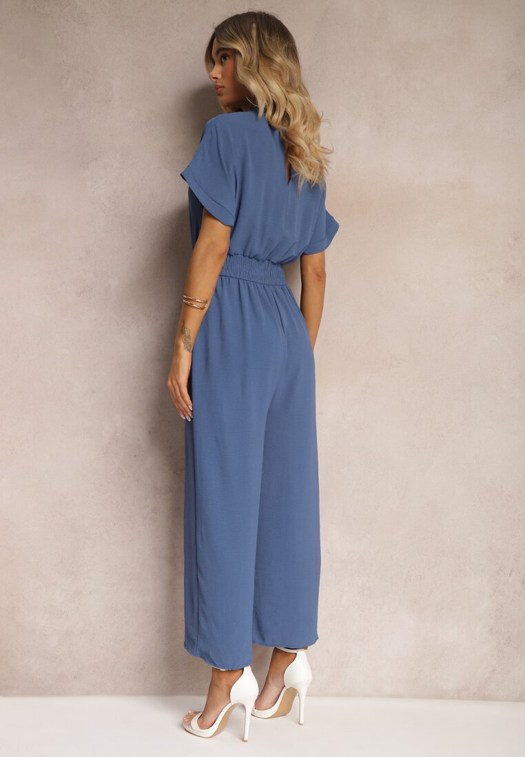 Bleumarin Costum Jumpsuit din Viscoză cu Nasturi Frisea