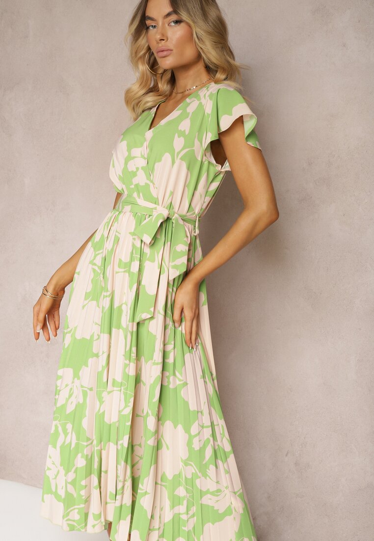Rochie plisată cocktail verde-bej cu elastic și curea în talie Benelsea