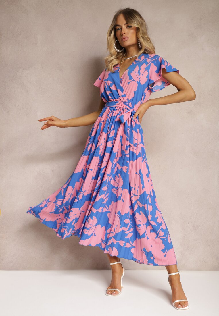 Rochie plisată tip plic de culoare albastru-roz, cocktail, cu elastic și curea în talie Benelsea