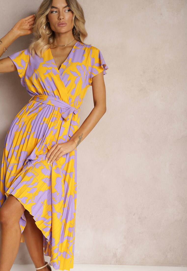 Rochie plisată de cocktail galbenă-violet cu elastic și curea în talie Benelsea