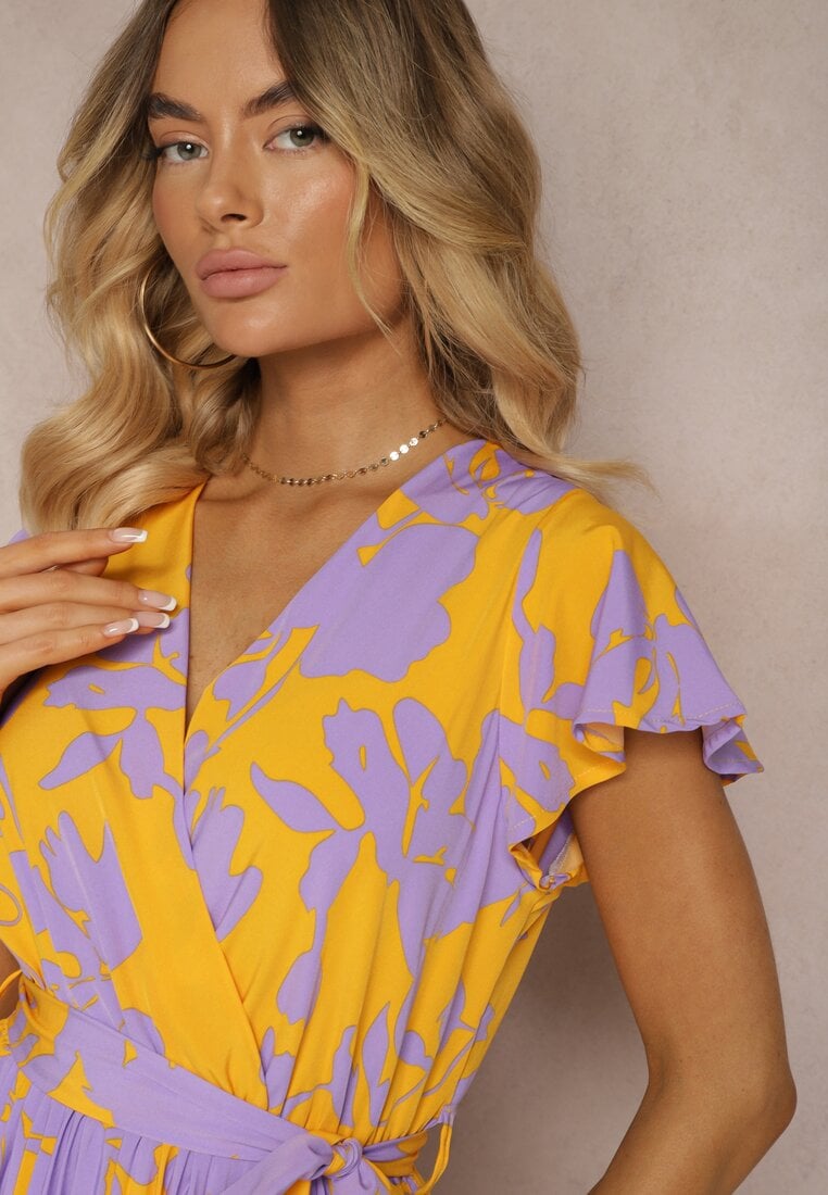Rochie plisată de cocktail galbenă-violet cu elastic și curea în talie Benelsea