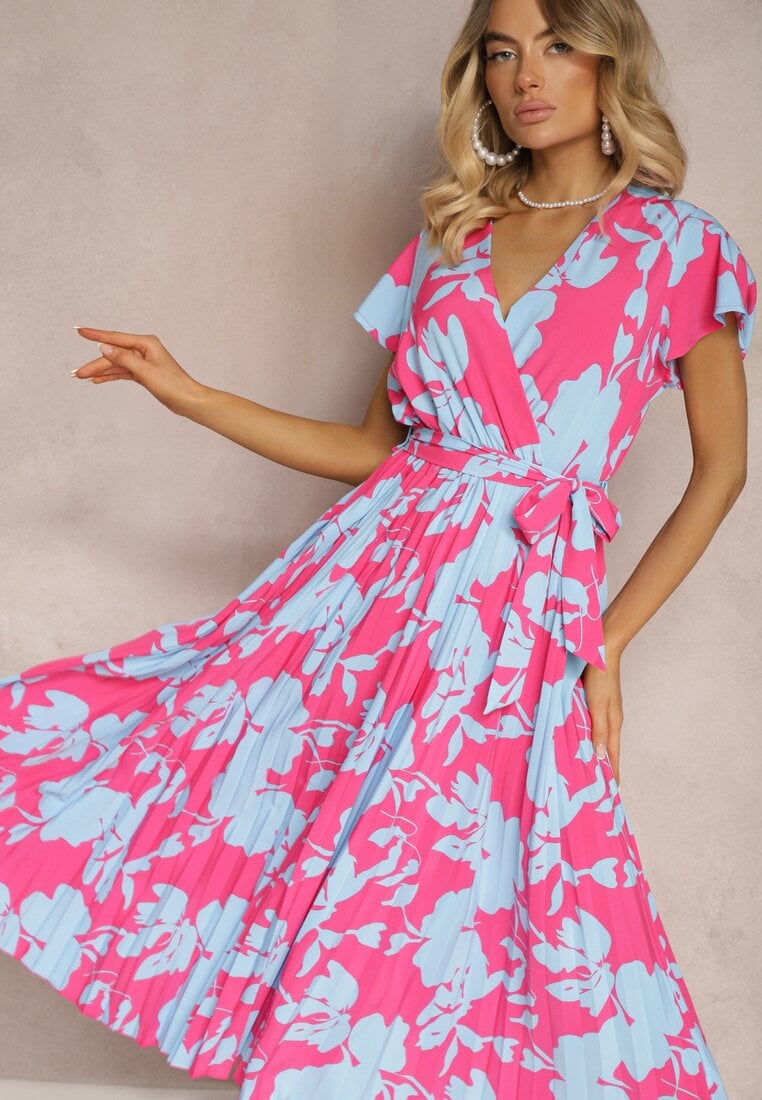 Rochie plisată cocktail roz-albastră cu elastic și curea în talie Benelsea