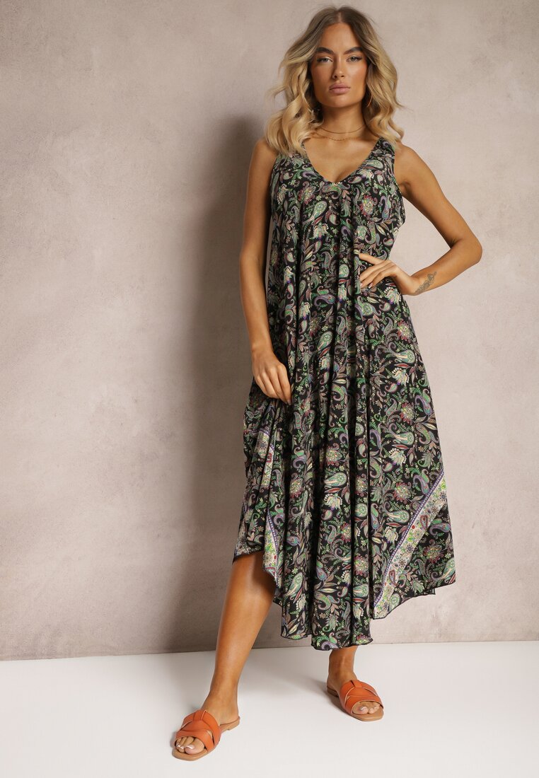 Rochie Neagră-Verde din Viscoză cu Croi Evaseu Fără Mâneci Fradea