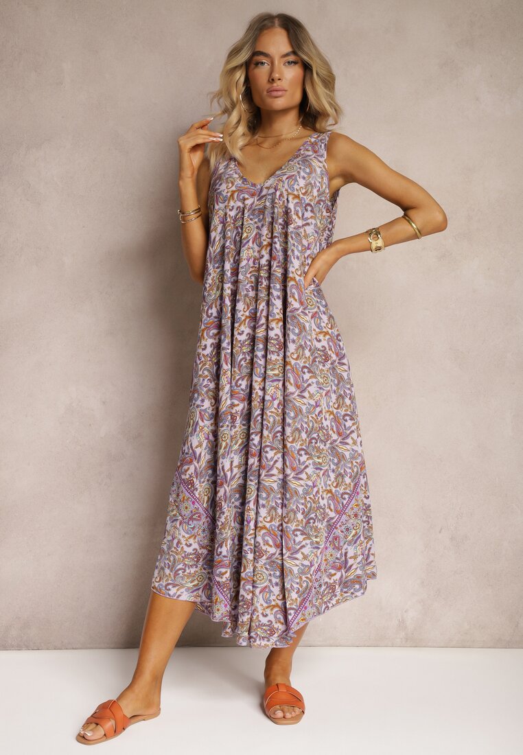 Rochie violetă din viscoză cu croială evazată fără mâneci Fradea