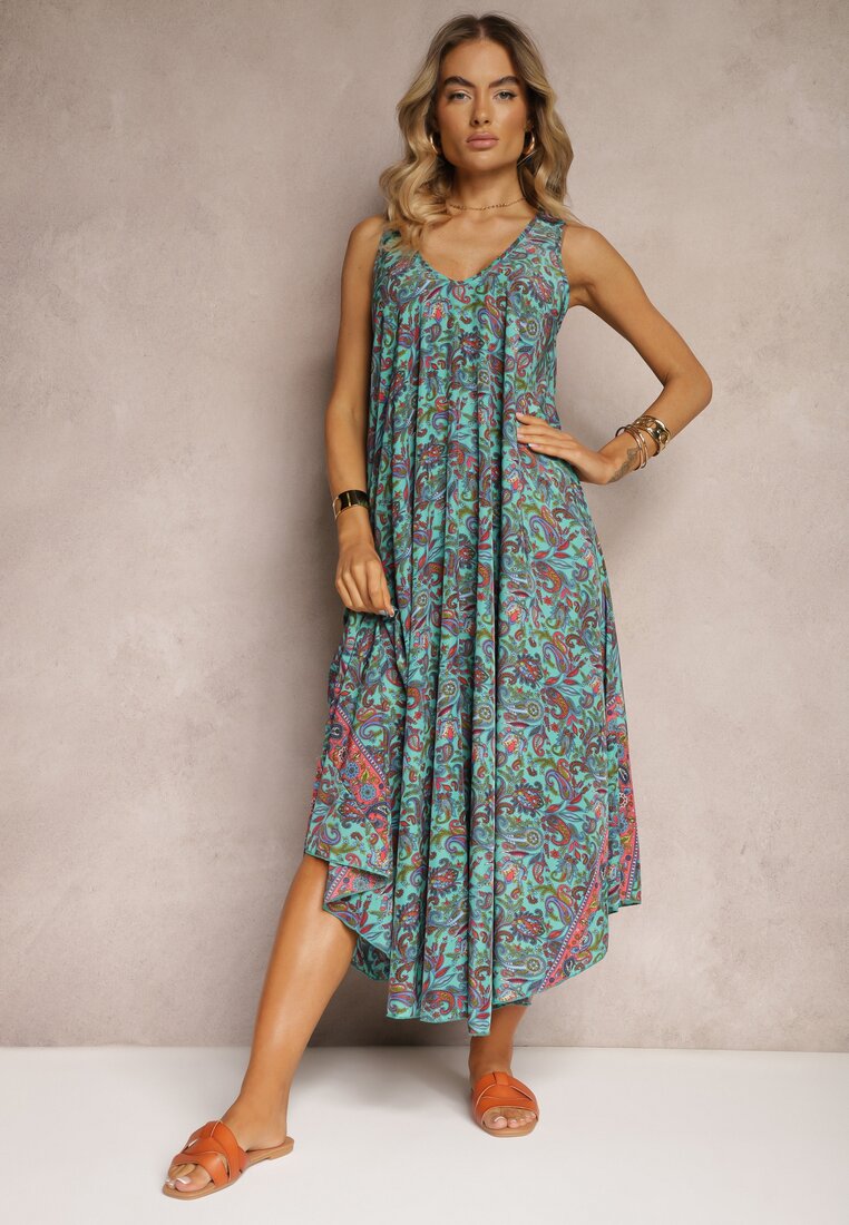 Rochie verde deschis din viscoză cu croială evazată fără mâneci Fradea