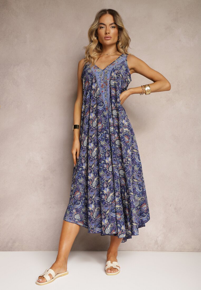 Rochie bleumarin din viscoză cu croi evazat fără mâneci Fradea