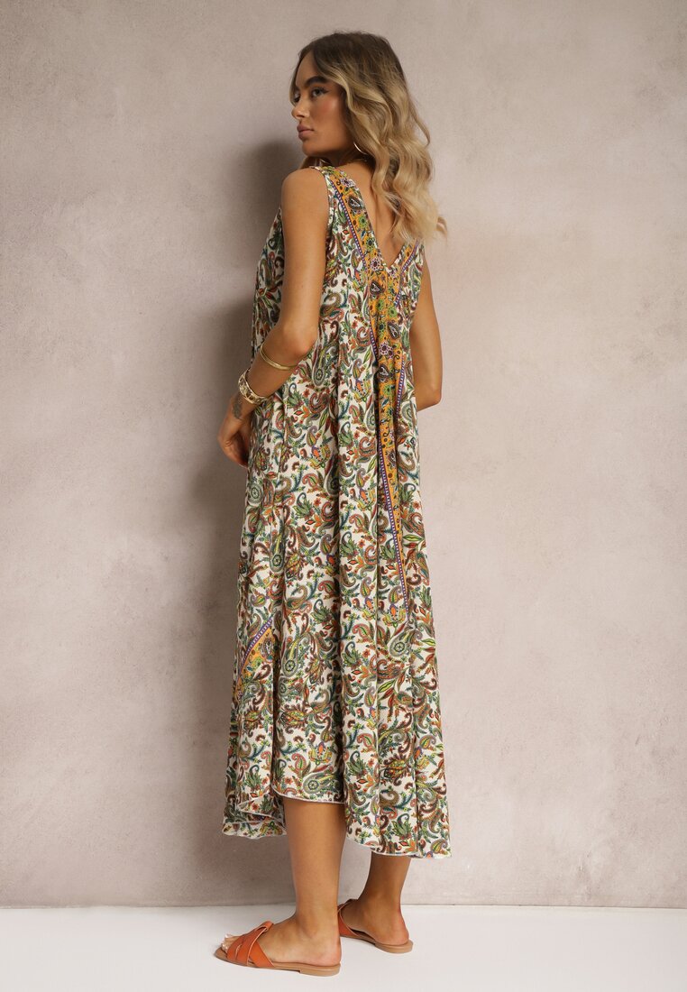 Rochie verde-bej din viscoză cu croi evazat fără mâneci Fradea
