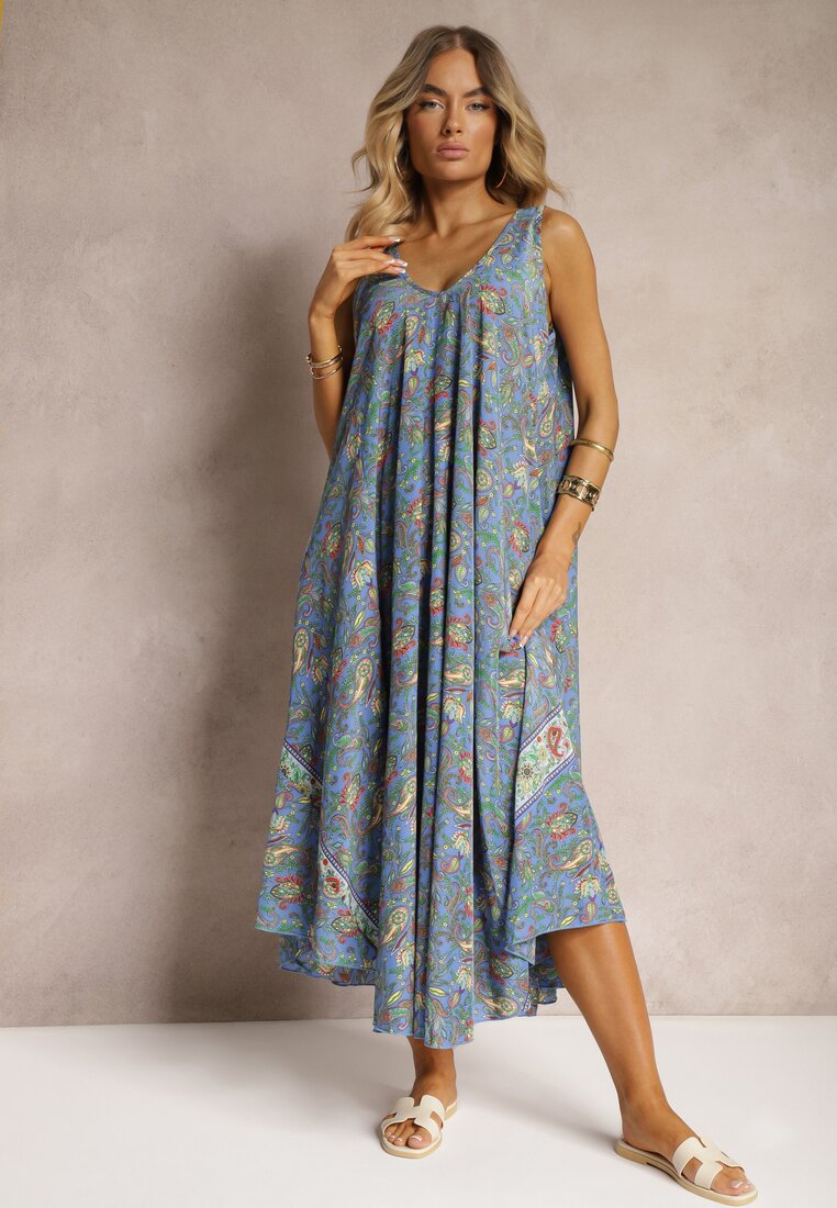 Rochie Albastră din Viscoză cu Croi Clos Fără Mâneci Fradea