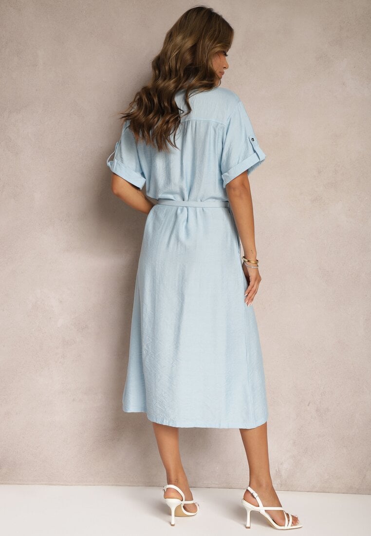Rochie Albastră din Viscoză cu Croi Cambrat Decorată cu Curea Nelsines