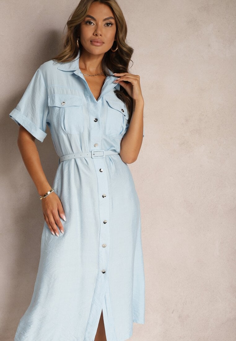 Rochie Albastră din Viscoză cu Croi Cambrat Decorată cu Curea Nelsines