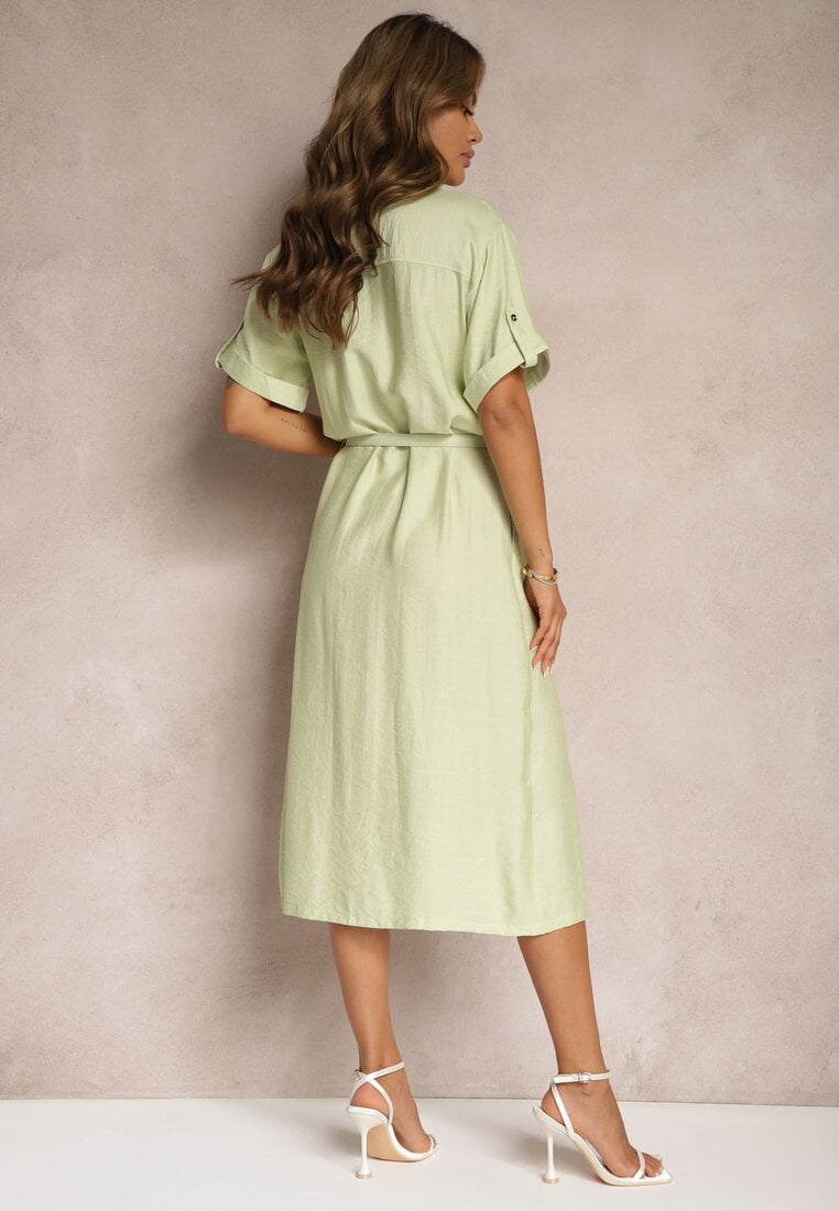 Rochie Verde din Viscoză cu Croi Cambrat cu Curea Nelsines