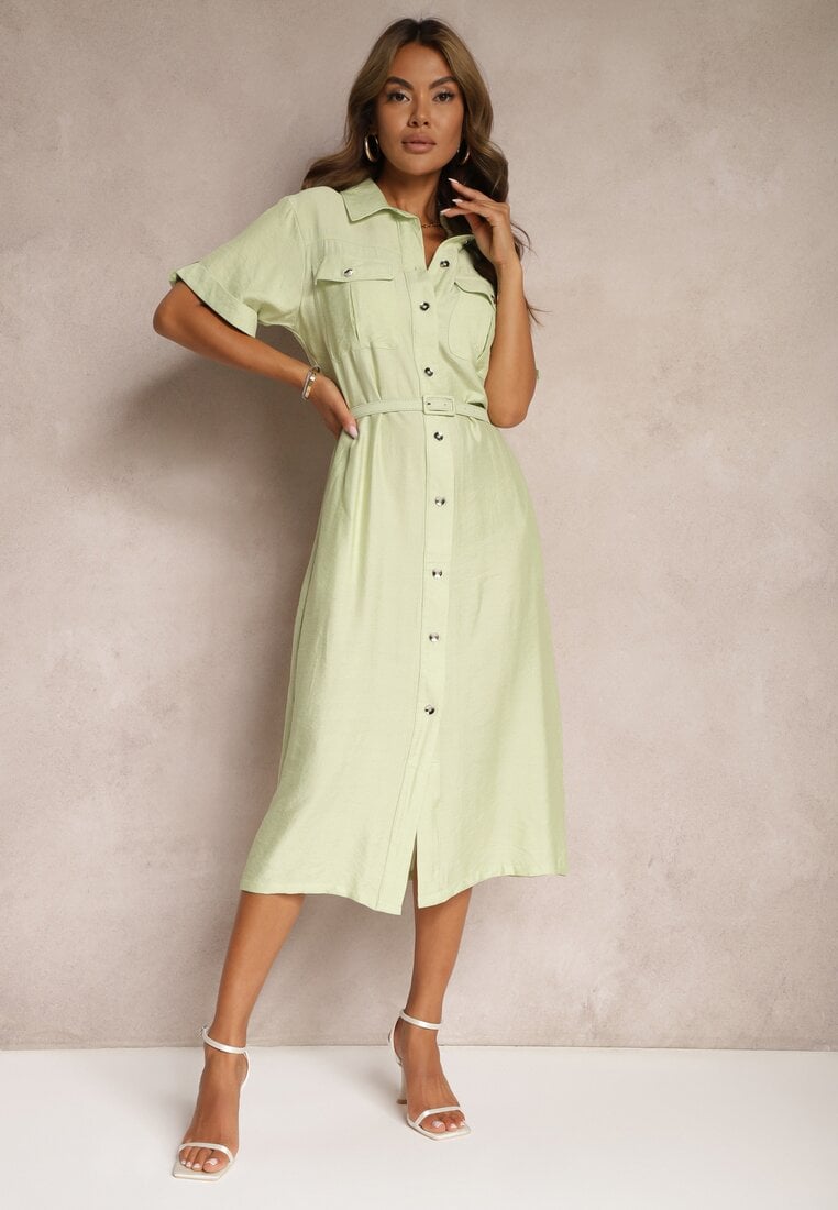 Rochie Verde din Viscoză cu Croi Cambrat cu Curea Nelsines