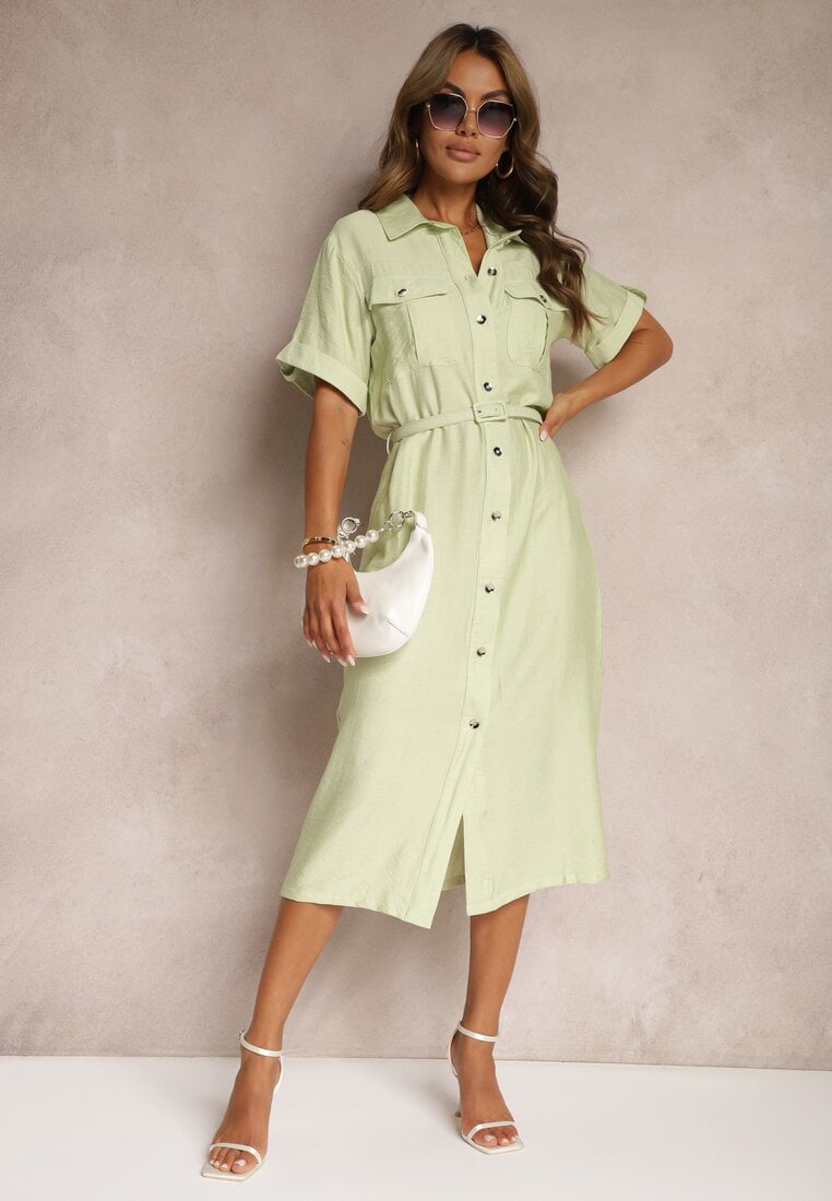 Rochie Verde din Viscoză cu Croi Cambrat cu Curea Nelsines