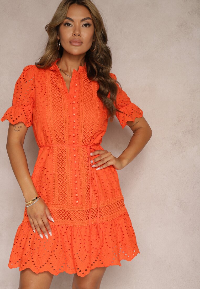 Rochie portocalie Boho din bumbac decorată cu model ajurat volan și curea Nelah