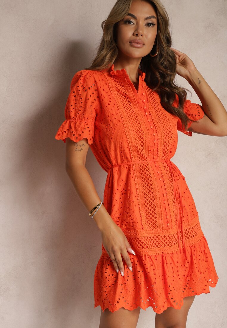 Rochie portocalie Boho din bumbac decorată cu model ajurat volan și curea Nelah