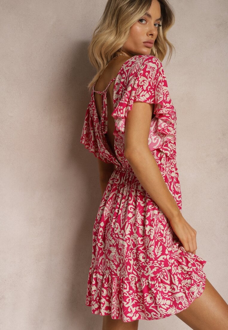 Rochie Fucsia din Bumbac cu Croi Clos Ornată cu Volane și Elastic în Talie Neliaura