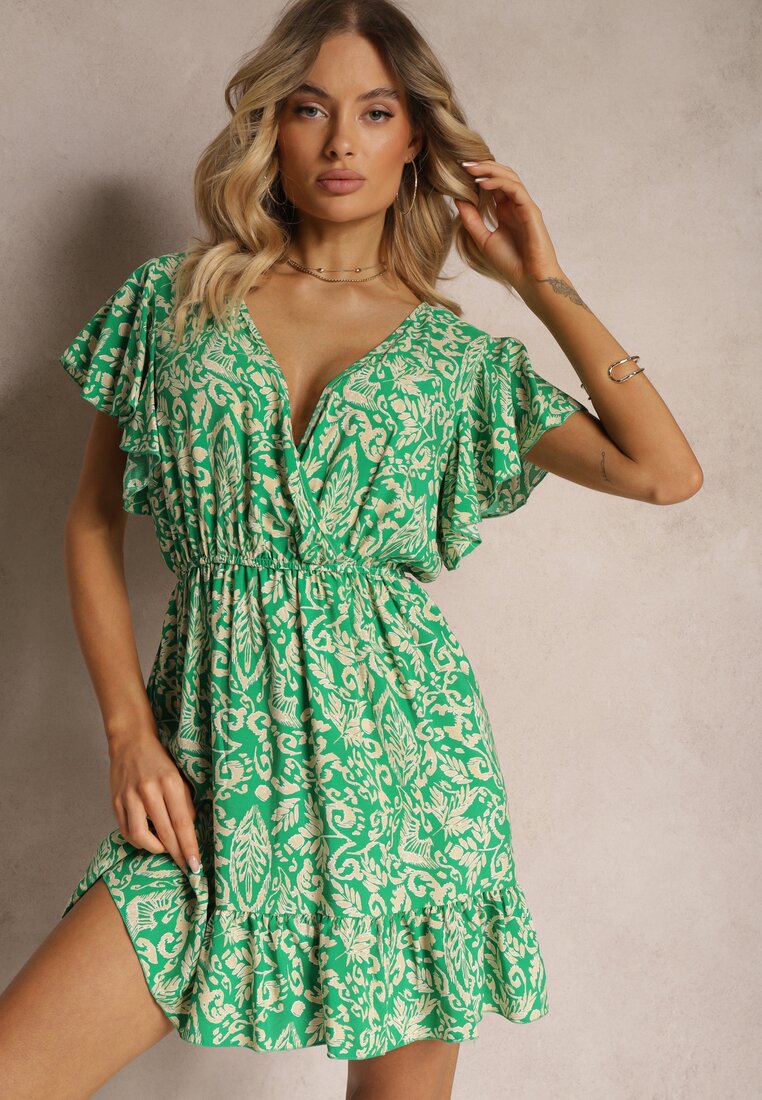 Rochie Verde din Bumbac cu Croi Clos Ornată cu Volane și Elastic în Talie Neliaura