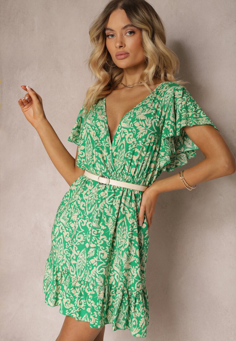 Rochie Verde din Bumbac cu Croi Clos Ornată cu Volane și Elastic în Talie Neliaura