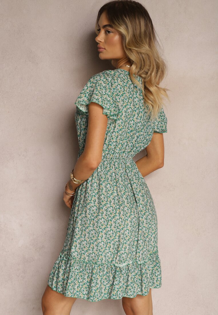 Rochie Verde din Bumbac cu Flori cu Elastic în Talie Decorată cu Volane Neliera
