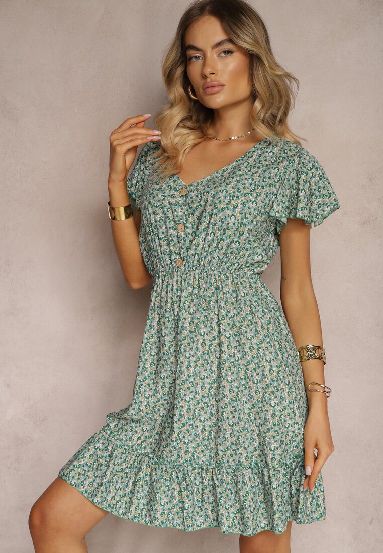Rochie Verde din Bumbac cu Flori cu Elastic în Talie Decorată cu Volane Neliera