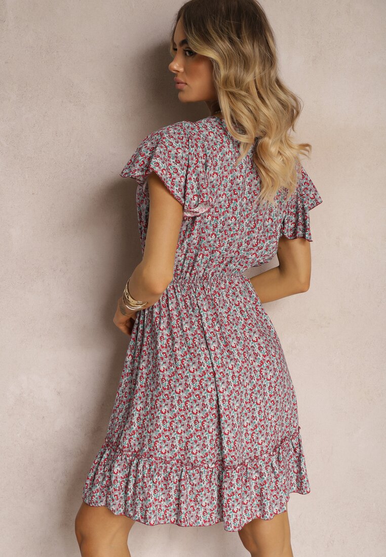 Rochie Bordo din Bumbac cu Flori cu Elastic în Talie Ornată cu Volane Neliera