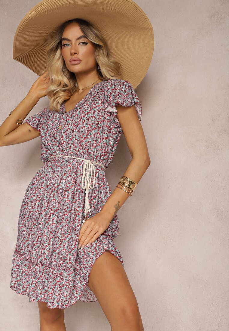 Rochie Bordo din Bumbac cu Flori cu Elastic în Talie Ornată cu Volane Neliera