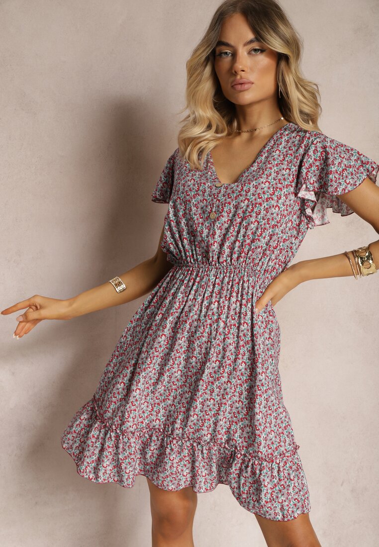 Rochie Bordo din Bumbac cu Flori cu Elastic în Talie Ornată cu Volane Neliera