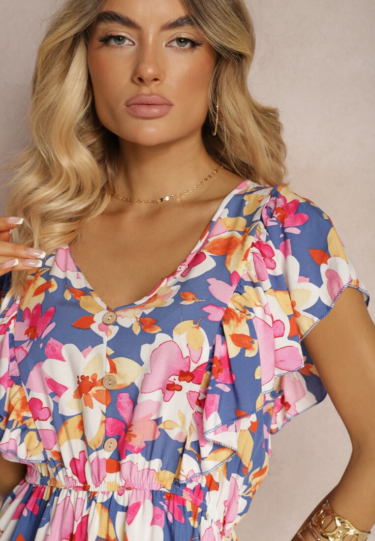 Rochie din Bumbac Clos cu Imprimeu Floral Albastru-Roz cu Volane la Umeri cu Elastic in Talie Nelova