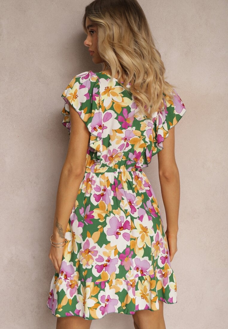 Rochie Verde-Roz Talia Imperiu Bumbac Flori Volane Umeri Elastic Talie Nelova
