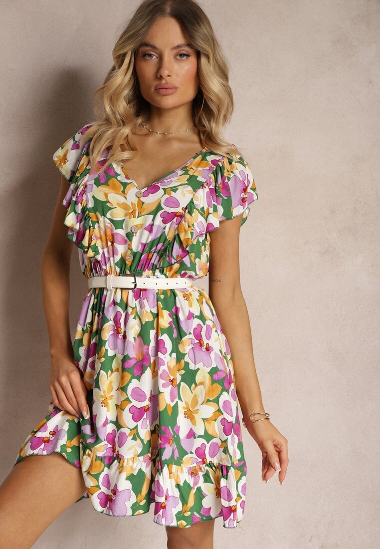 Rochie Verde-Roz Talia Imperiu Bumbac Flori Volane Umeri Elastic Talie Nelova