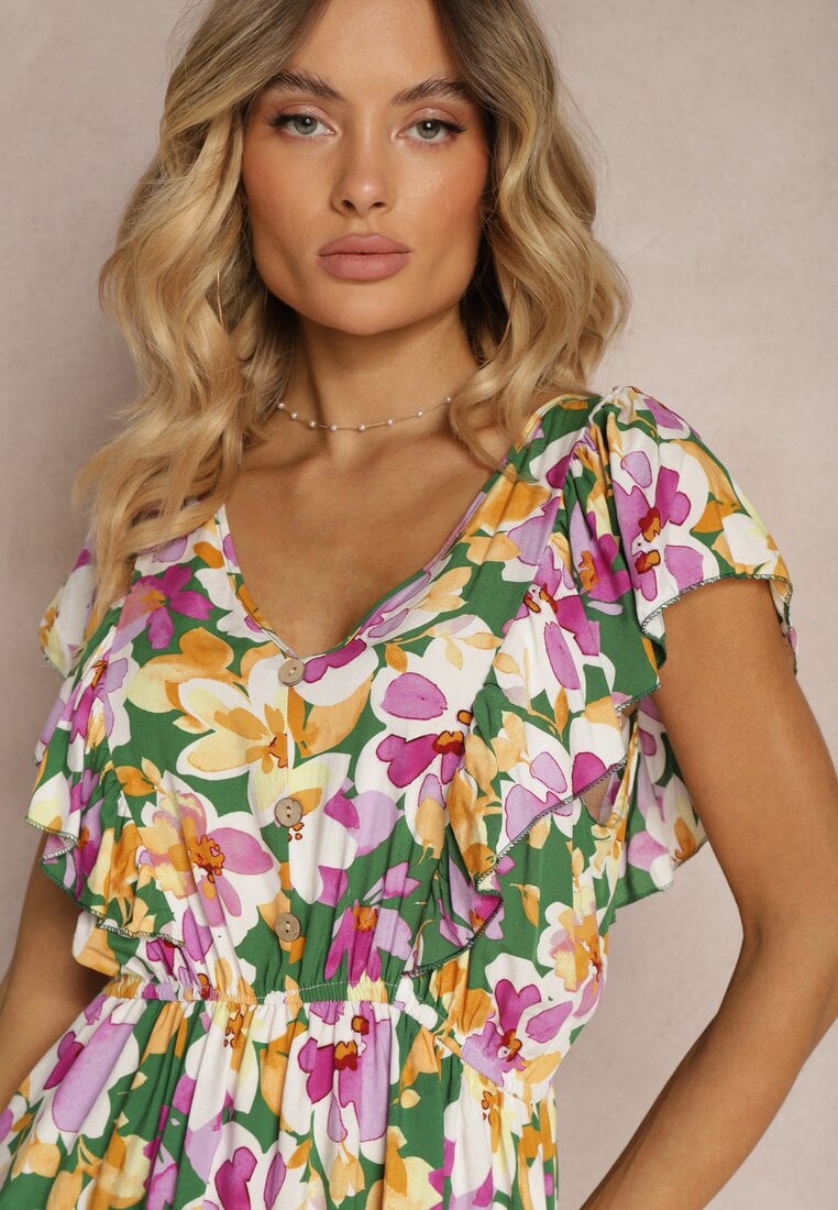 Rochie Verde-Roz Talia Imperiu Bumbac Flori Volane Umeri Elastic Talie Nelova