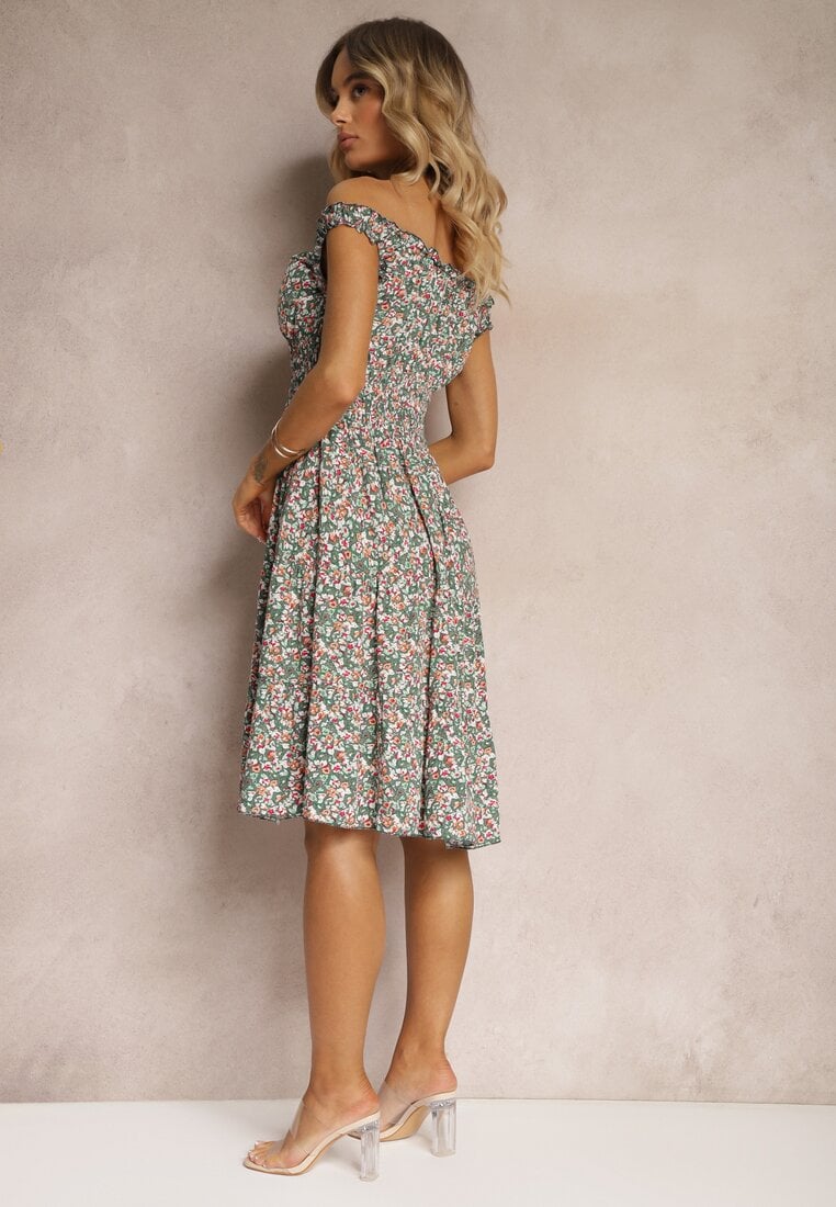 Rochie verde-roz clos din bumbac cu elastic in talie Nelyssa