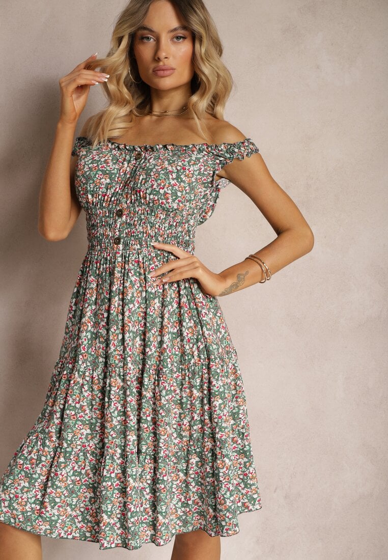 Rochie verde-roz clos din bumbac cu elastic in talie Nelyssa