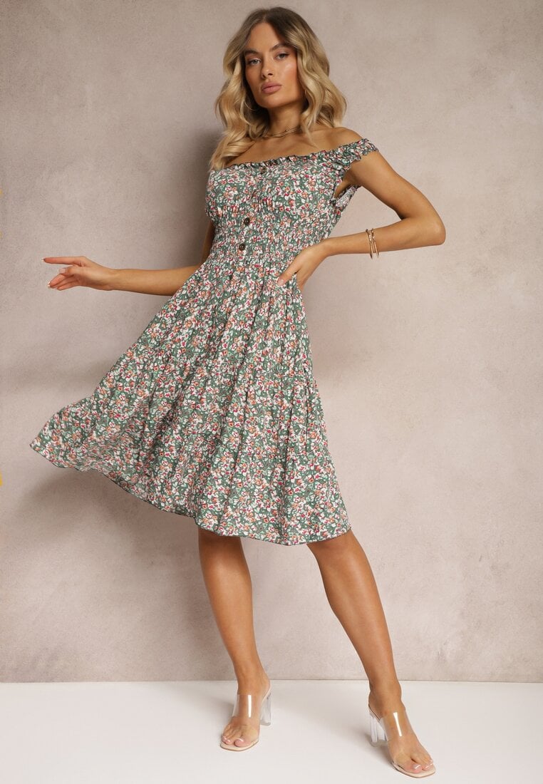 Rochie verde-roz clos din bumbac cu elastic in talie Nelyssa
