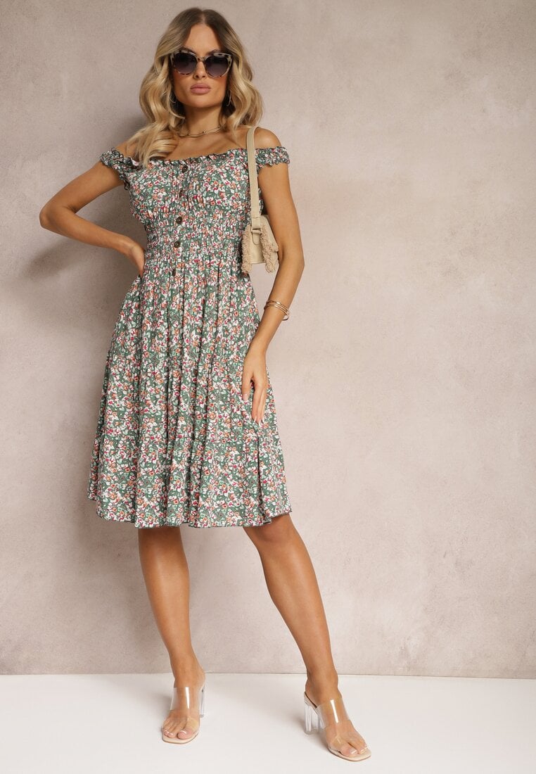 Rochie verde-roz clos din bumbac cu elastic in talie Nelyssa