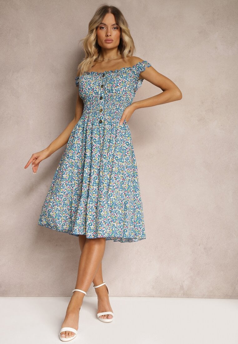 Rochie Bleumarin Clos Talie Cu Croi Evazat Elastic Talie Nelyssa
