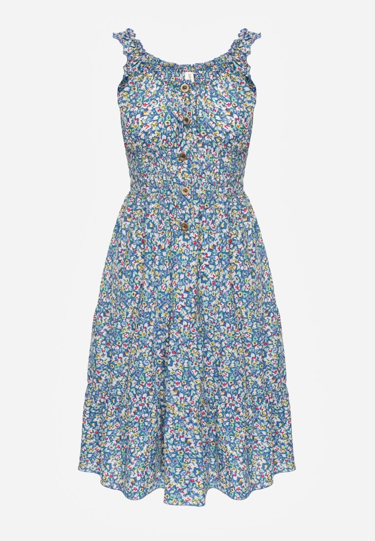 Rochie Albastră din Bumbac cu Croi în Cloș și Elastic în Talie Nelyssa