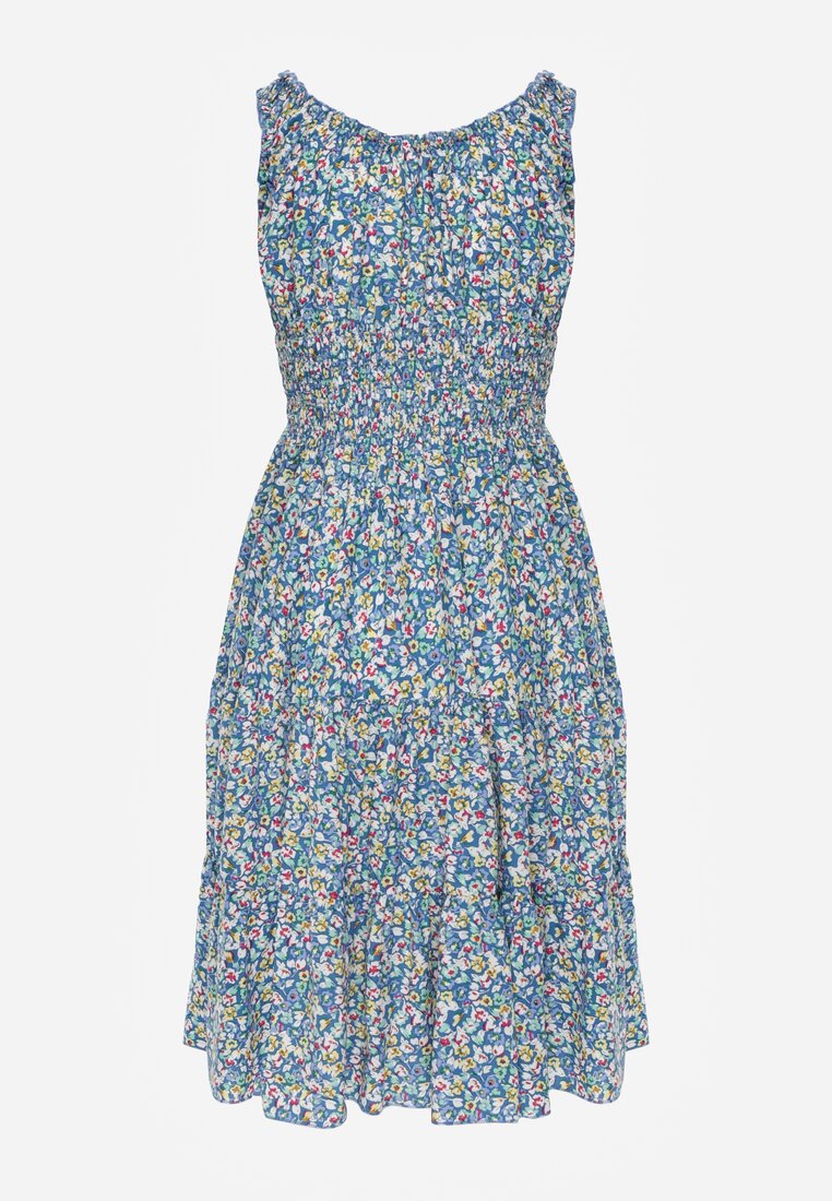 Rochie Albastră din Bumbac cu Croi în Cloș și Elastic în Talie Nelyssa