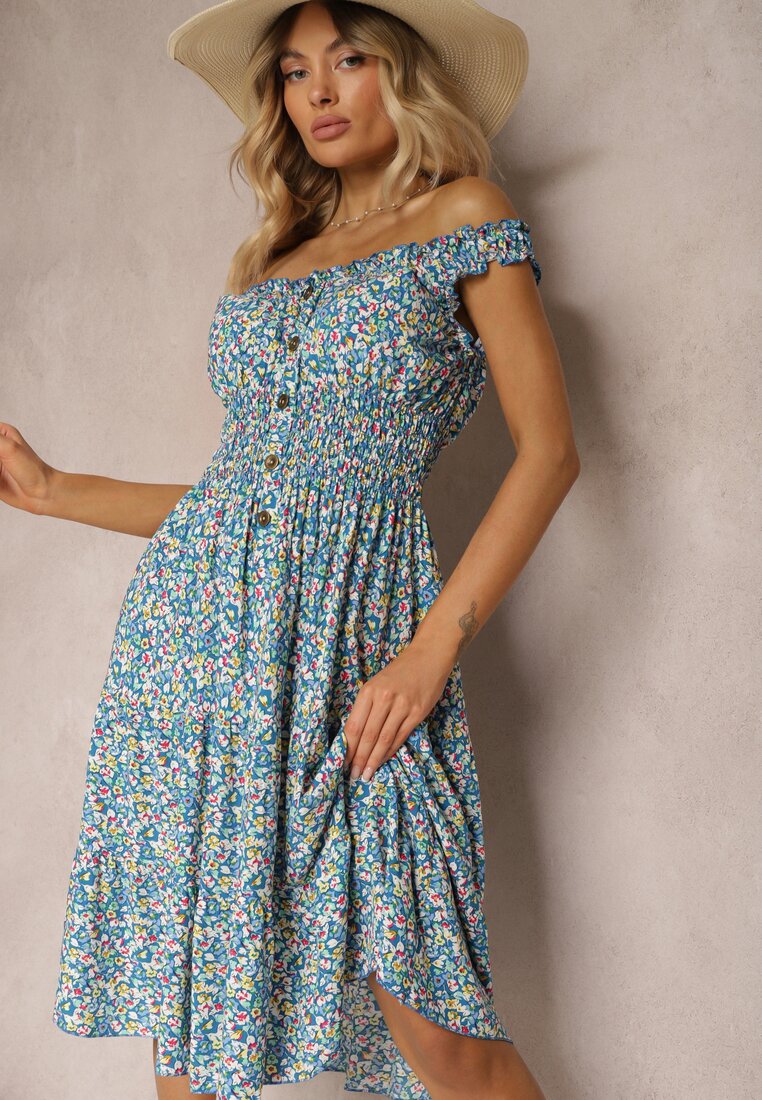 Rochie Bleumarin Clos Talie Cu Croi Evazat Elastic Talie Nelyssa