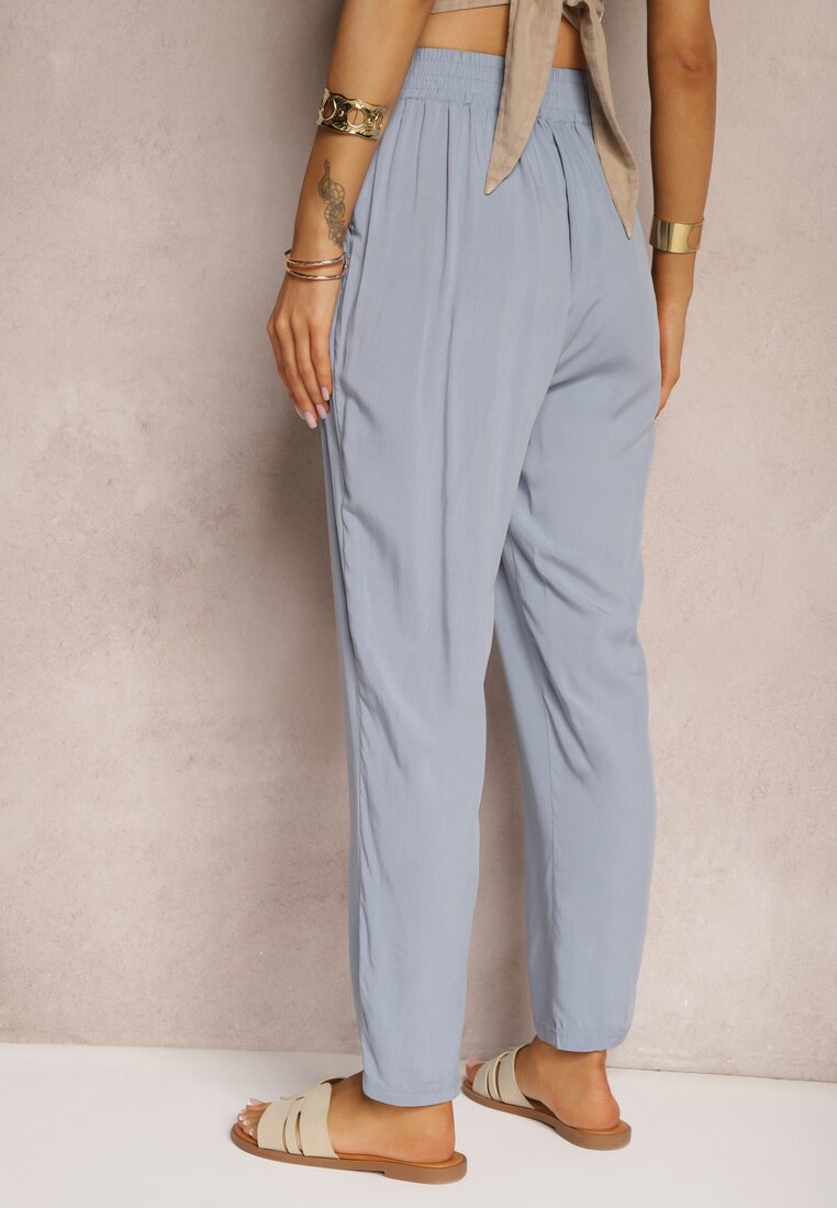Jasnoniebieskie Spodnie Paper Bag High Waist z Bawełny z Gumką w Talii Emorea