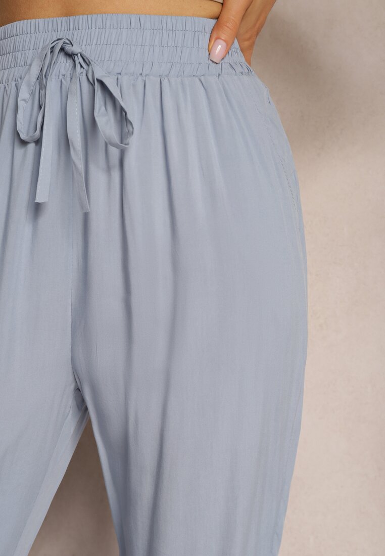 Jasnoniebieskie Spodnie Paper Bag High Waist z Bawełny z Gumką w Talii Emorea