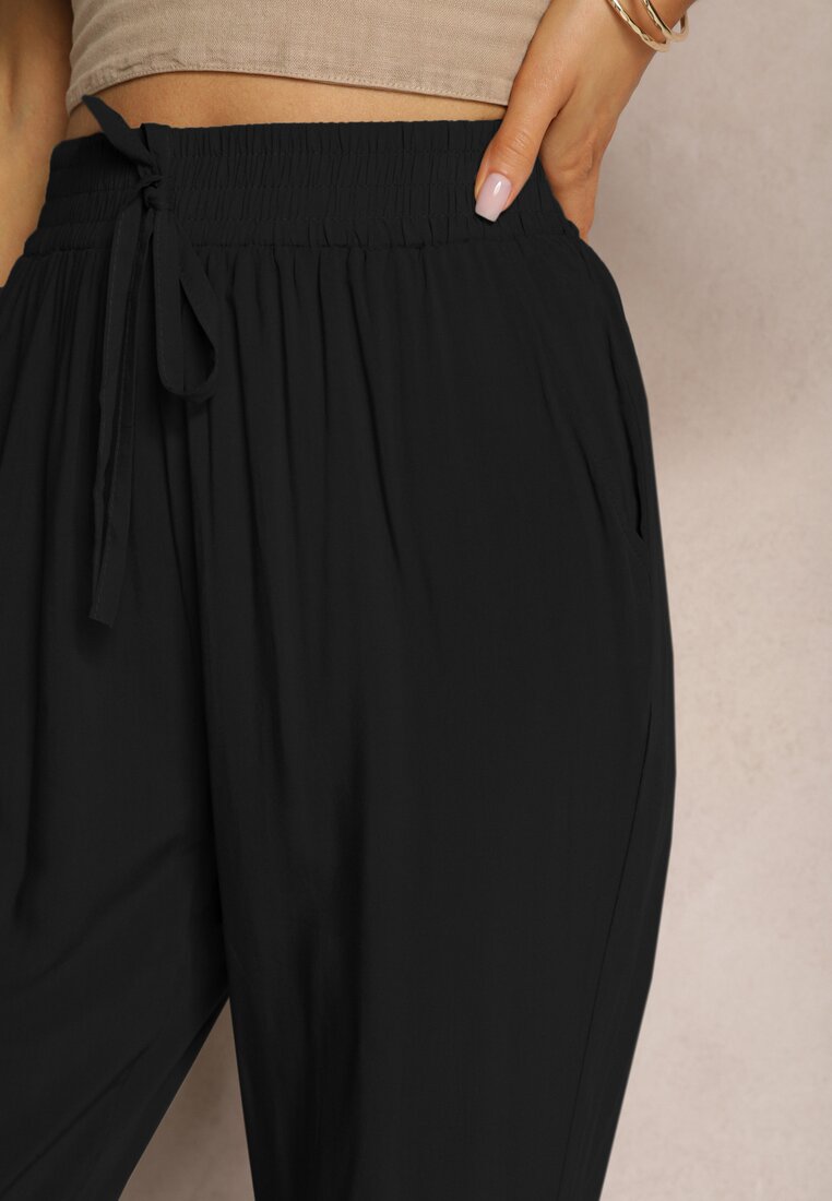 Czarne Spodnie Paper Bag High Waist z Bawełny z Gumką w Talii Emorea