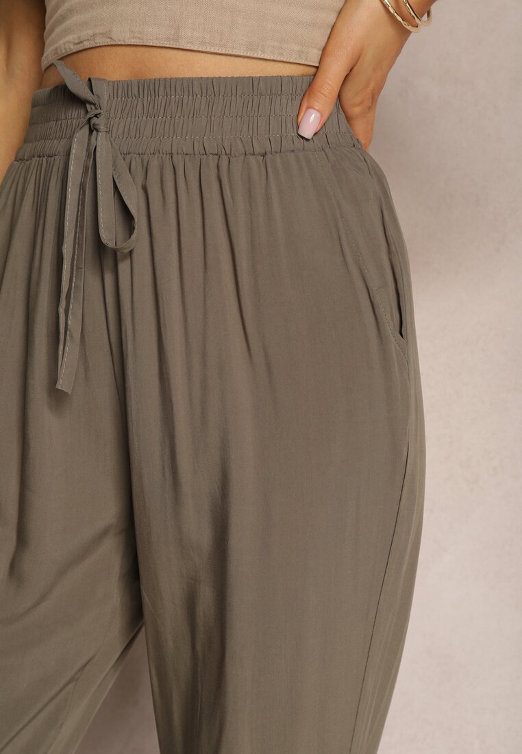 Pantaloni bej închis Paper Bag talie înaltă din bumbac cu elastic în talie Emorea