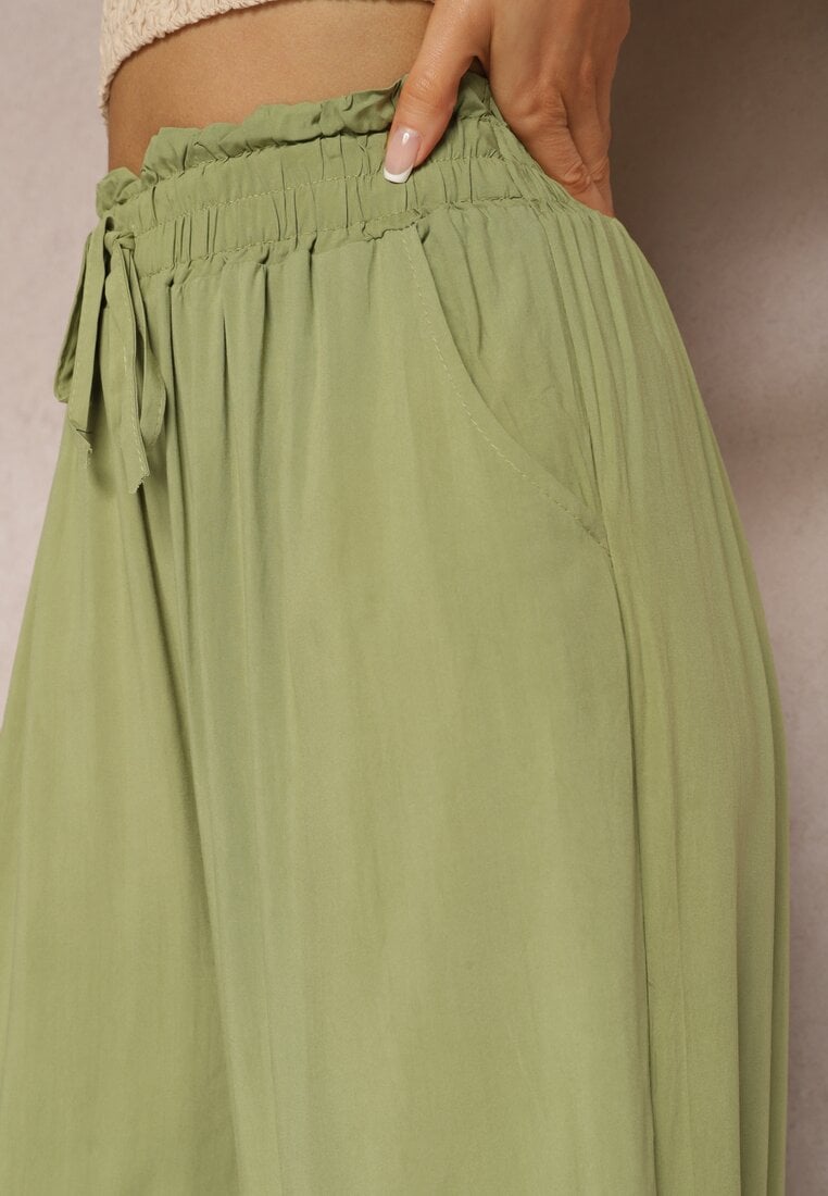 Pantaloni Palazzo Verde Deschis din Bumbac cu Talie Înaltă și Elastic în Talie Nelsaria