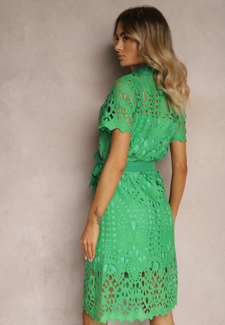 Rochie Verde Cămașă Ajurată Cu Fundă În Talie Lonnija