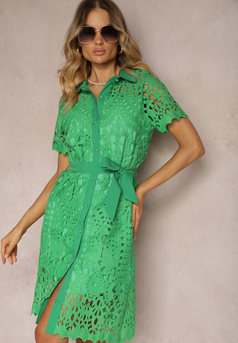 Rochie Verde Cămașă Ajurată Cu Fundă În Talie Lonnija