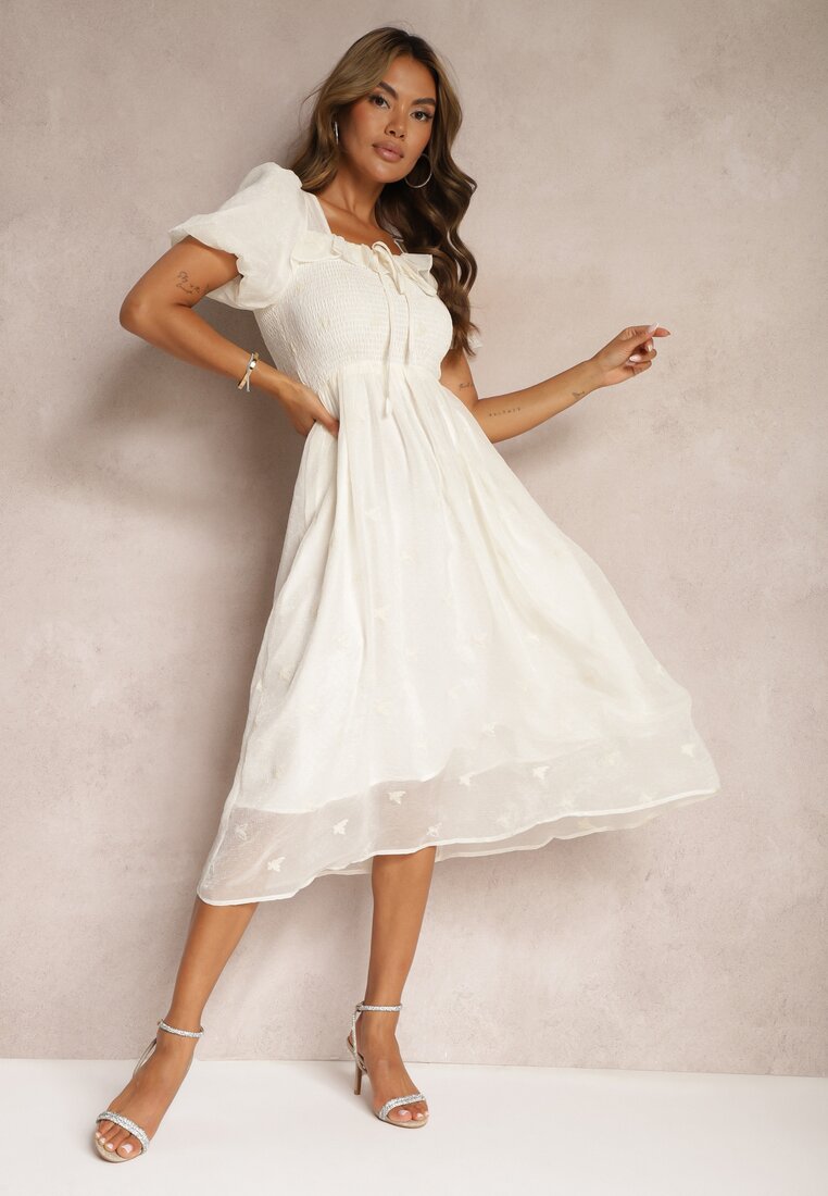 Rochie Cocktail Bej Cu Talia Marcată din Bumbac cu Mâneci Bufante Glosea