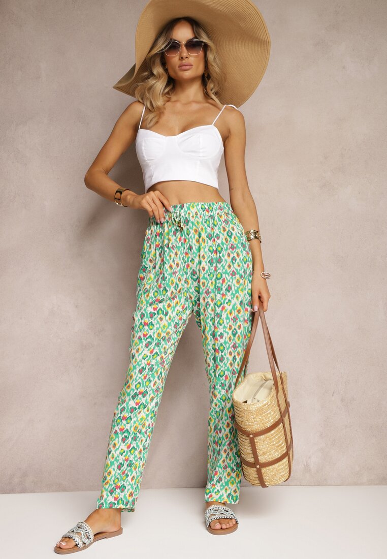 Pantaloni verzi din viscoză cu croială clasică High Waist cu elastic în talie Dalfea