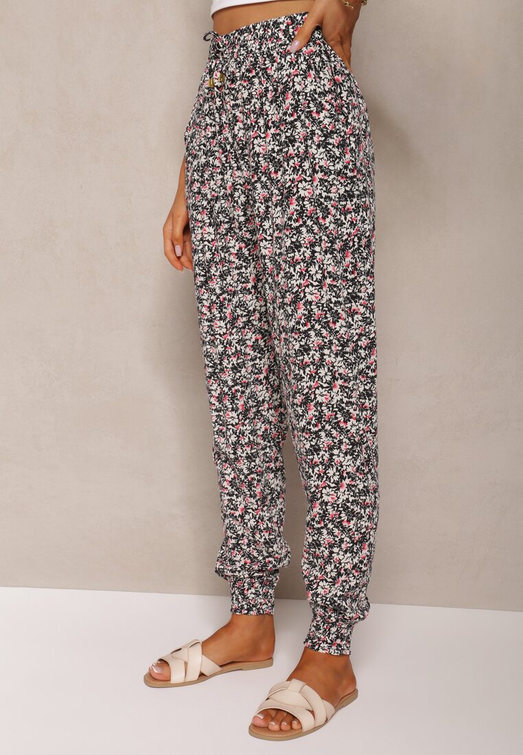 Czarno-Różowe Wiskozowe Spodnie High Waist z Gumką w Talii Amnena