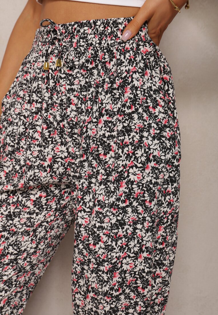 Czarno-Różowe Wiskozowe Spodnie High Waist z Gumką w Talii Amnena